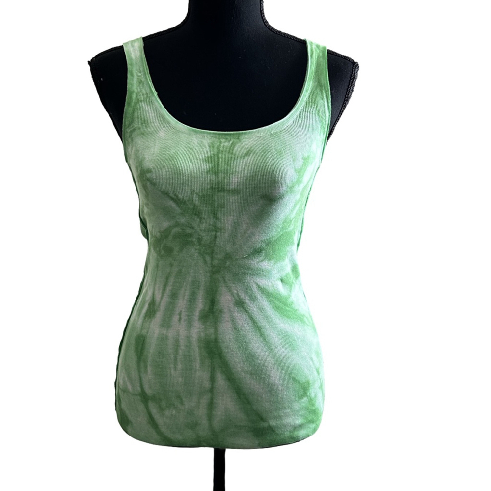 Women's Green and White Tie-Dyed Tank Top Size Small